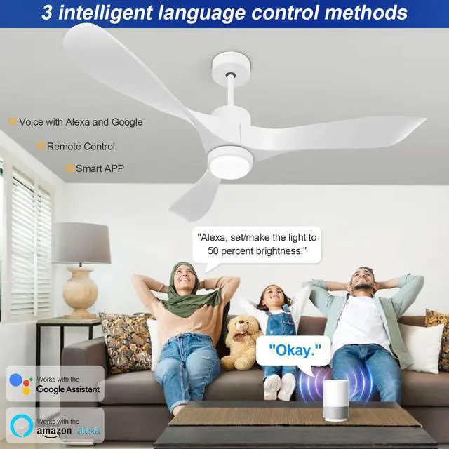 Alt view image 6 of 6 - 52" Smart Low Profile Ceiling Fans with Lights and Remote, Flush Mount Ceiling Fan Control with WIFI/APP/Alexa/Google, Outdoor Indoor White Ceiling Fan with Light for Bedroom Living Room