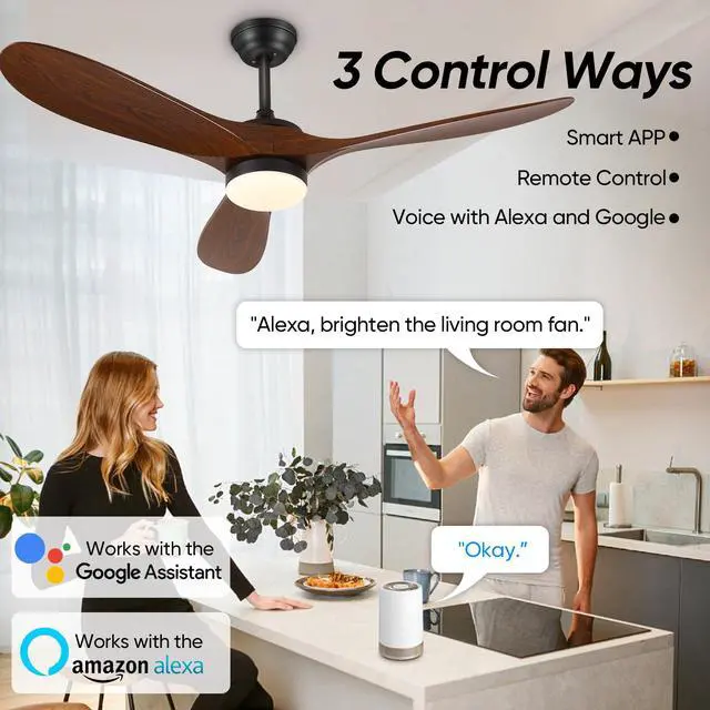 Alt view image 2 of 6 - 52" Smart Low Profile Ceiling Fans with Lights and Remote, Flush Mount Ceiling Fan Control with WIFI/APP/Alexa/Google, Outdoor Indoor Walnut Ceiling Fan with Light for Bedroom Living Room