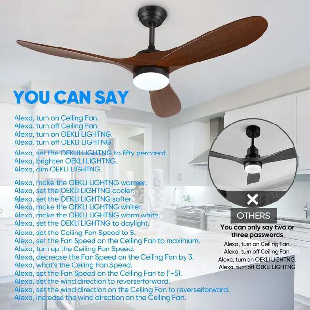 Alt view image 6 of 6 - 52" Smart Low Profile Ceiling Fans with Lights and Remote, Flush Mount Ceiling Fan Control with WIFI/APP/Alexa/Google, Outdoor Indoor Walnut Ceiling Fan with Light for Bedroom Living Room