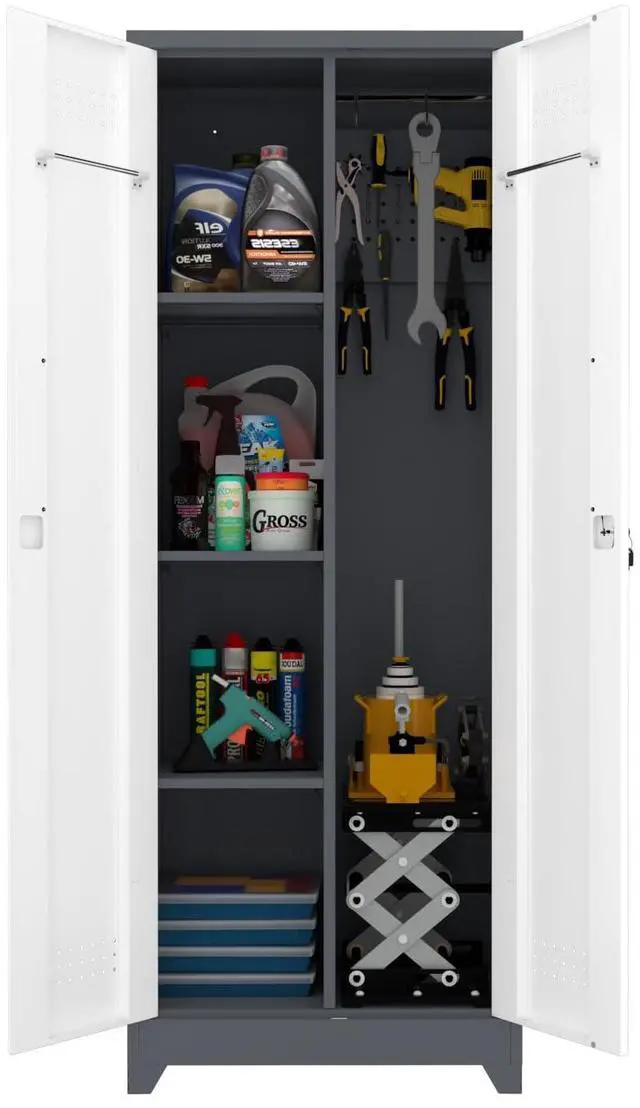Main image of Metal Lockable Storage Cabinet,65" H Garage Storage Cabinets with 2 Doors,Broom Storage Cabinets for Office,Home,Utility Room,Grey&White