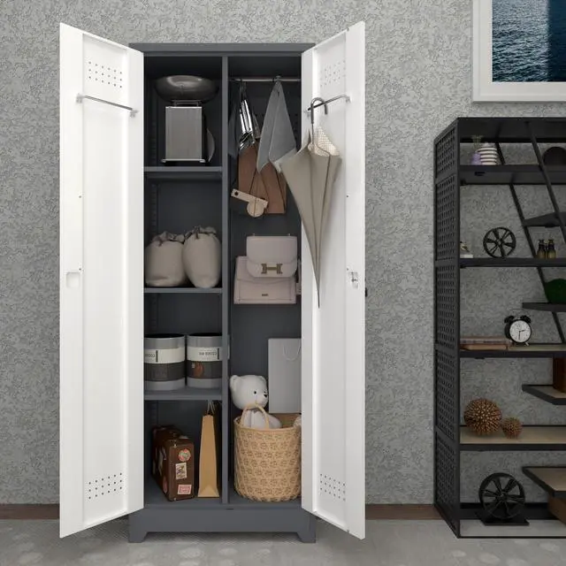 Alt view image 2 of 6 - Metal Lockable Storage Cabinet,65" H Garage Storage Cabinets with 2 Doors,Broom Storage Cabinets for Office,Home,Utility Room,Grey&White