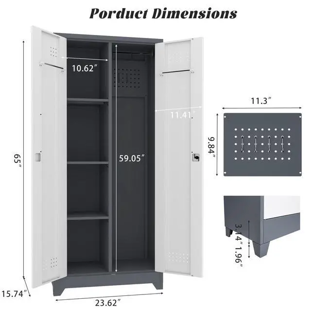Alt view image 3 of 6 - Metal Lockable Storage Cabinet,65" H Garage Storage Cabinets with 2 Doors,Broom Storage Cabinets for Office,Home,Utility Room,Grey&White