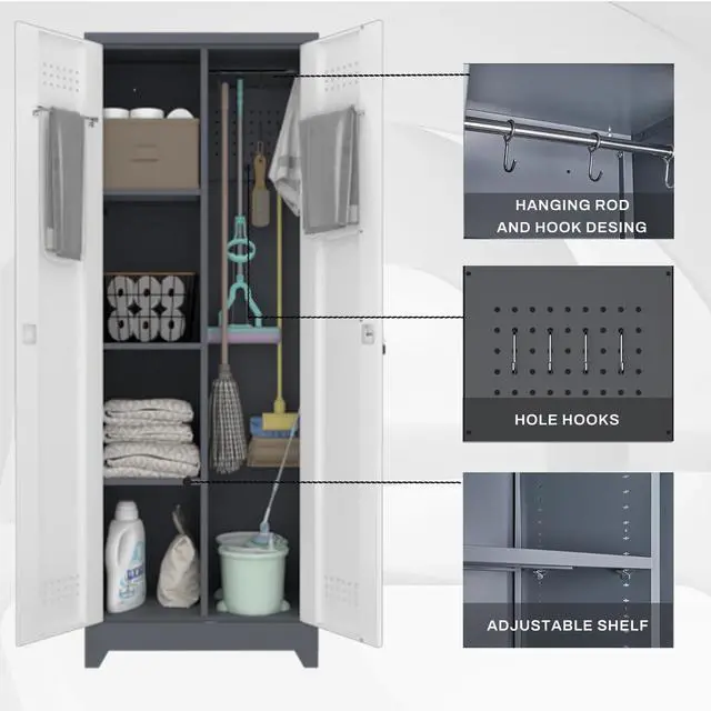 Alt view image 4 of 6 - Metal Lockable Storage Cabinet,65" H Garage Storage Cabinets with 2 Doors,Broom Storage Cabinets for Office,Home,Utility Room,Grey&White