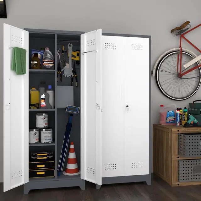 Alt view image 6 of 6 - Metal Lockable Storage Cabinet,65" H Garage Storage Cabinets with 2 Doors,Broom Storage Cabinets for Office,Home,Utility Room,Grey&White