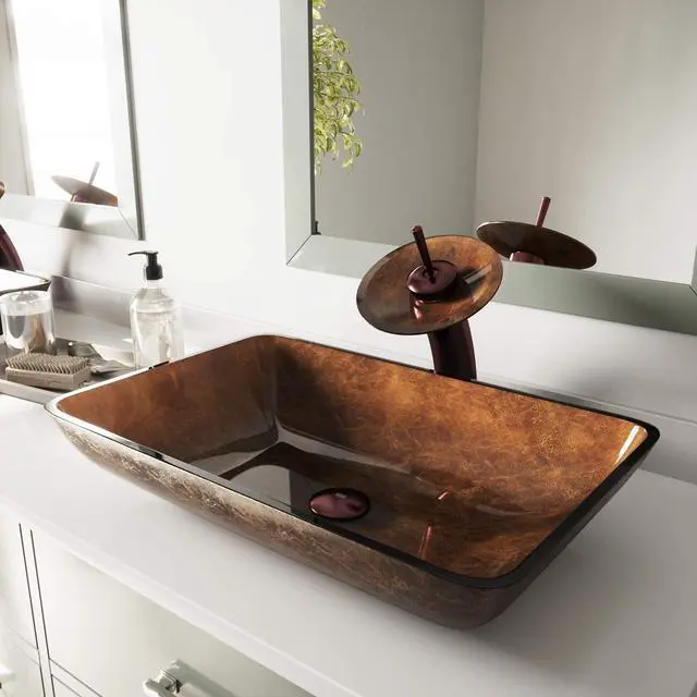 Alt view image 4 of 6 - Vessel Sink Brown - 23 Artistic Rectangular Bathroom Vessel Sink, Tempered Glass Above Counter Sink with NonStickShield & QuickDrain, Modern Luxury Design