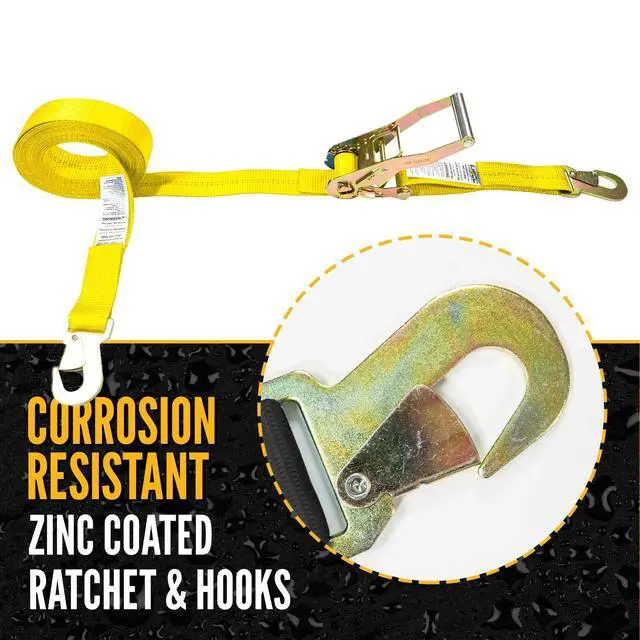 Alt view image 2 of 6 - Ratchet Strap with Snap Hook, 2 Inch Wide X 27 Foot Long, Yellow Weather Resistant Webbing, 2,000 Pound Working Load Limit, 10 Pack