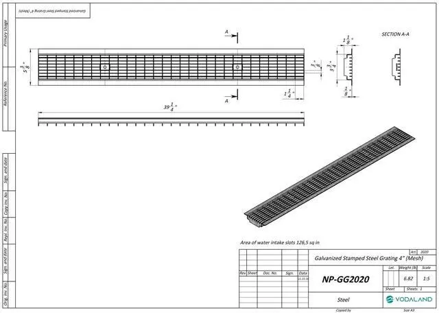 Alt view image 2 of 2 - Vodaland Galvanized Stamped Steel Grate B Class 39.4 L x 5.4 Wx.4 H for Use with 4 Inch Internal Trench Drain ADA Rated