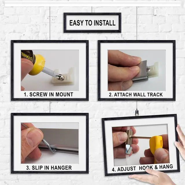 Alt view image 4 of 6 - Clearline Picture Hanging System Set- Covers 22.5 ft of Wall Space - Heavy-Duty Discreet Wall Tracks & Art Hanging Kit Without Nails - for Home or Office