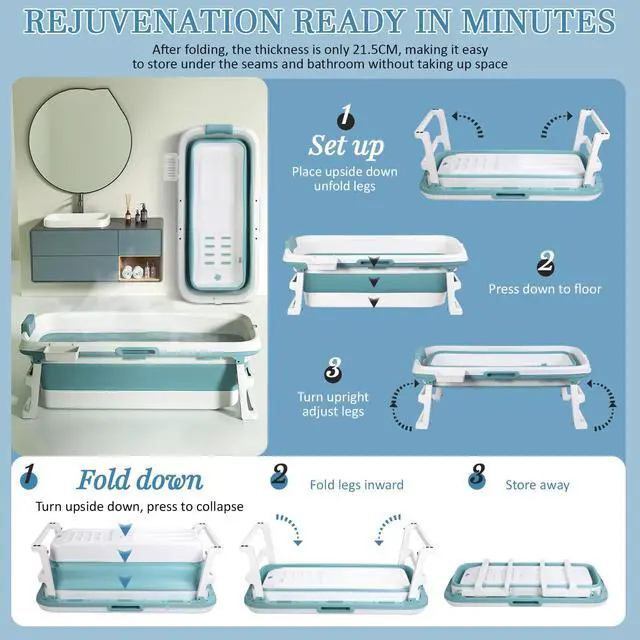 Alt view image 6 of 6 - 51 Inch Foldable Bathtub for Adults, Large Portable Tub for Shower, Effortless Collapsible Bathtub Adult for Spacious Bathrooms & Outdoor Use, Ideal for Ice Baths & Hot Baths (Blue-Green, 51 Inch)
