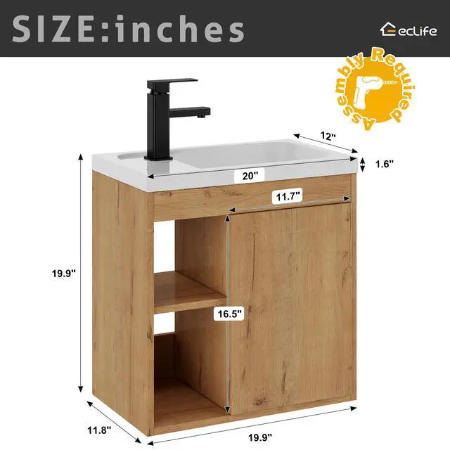 Alt view image 2 of 6 - 20" Floating Bathroom Vanity Sink Combo for Small Space, Wall-Mounted Guest Toilet Wash Basin Cabinet with Opening Shelf, Soft Closing Door, Natrual Veneered