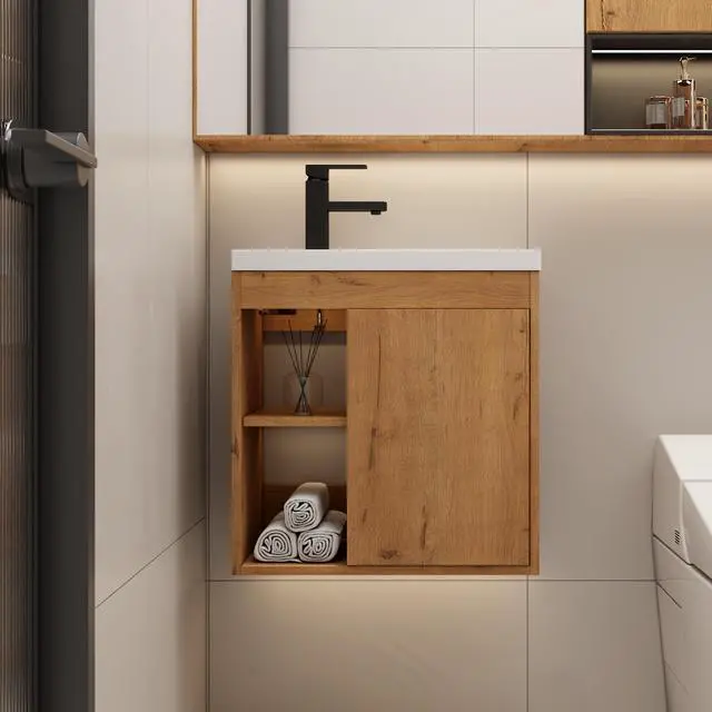 Alt view image 3 of 6 - 20" Floating Bathroom Vanity Sink Combo for Small Space, Wall-Mounted Guest Toilet Wash Basin Cabinet with Opening Shelf, Soft Closing Door, Natrual Veneered