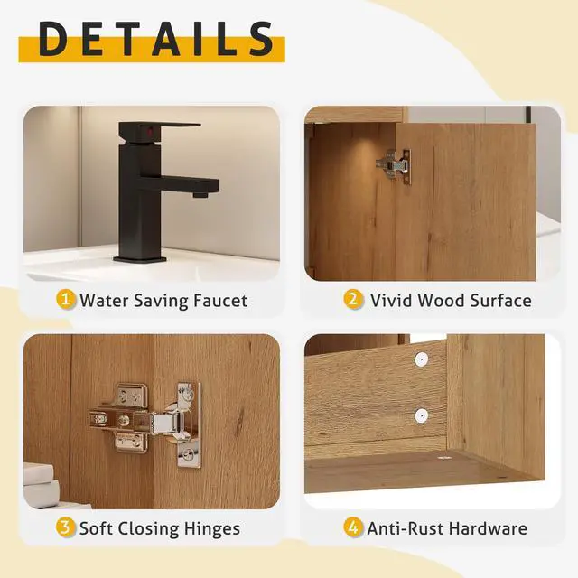 Alt view image 6 of 6 - 20" Floating Bathroom Vanity Sink Combo for Small Space, Wall-Mounted Guest Toilet Wash Basin Cabinet with Opening Shelf, Soft Closing Door, Natrual Veneered