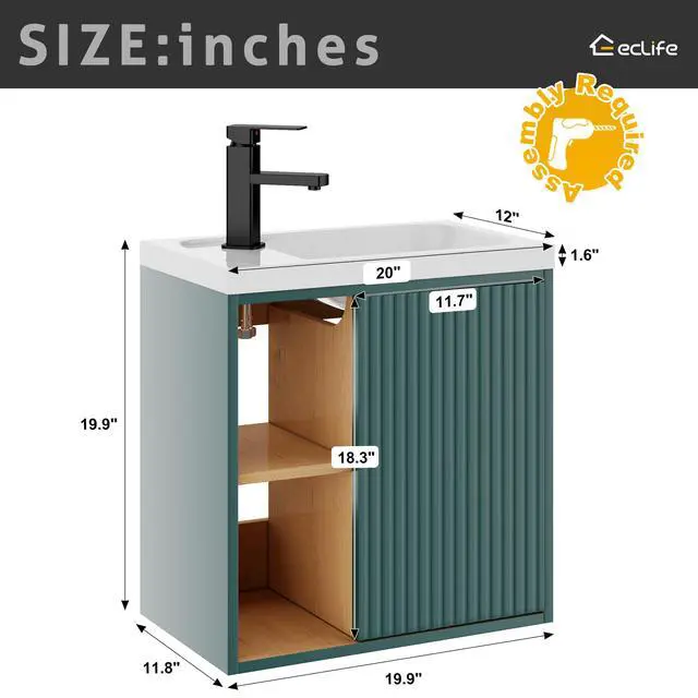 Alt view image 2 of 6 - 20" Floating Bathroom Vanity Sink Combo for Small Space, Wall-Mounted Guest Toilet Wash Basin Cabinet with Opening Shelf, Soft Closing Door, Dark Green Painted