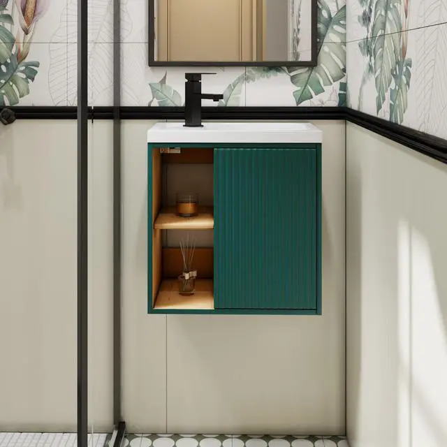 Alt view image 3 of 6 - 20" Floating Bathroom Vanity Sink Combo for Small Space, Wall-Mounted Guest Toilet Wash Basin Cabinet with Opening Shelf, Soft Closing Door, Dark Green Painted