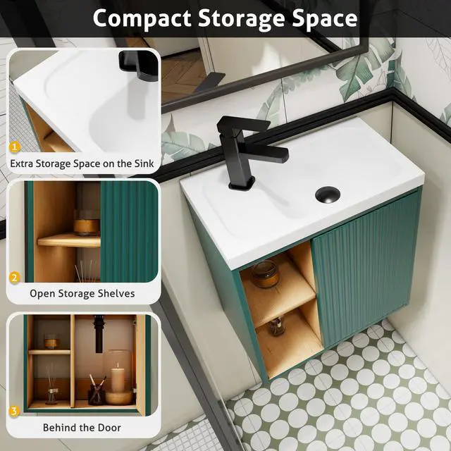 Alt view image 4 of 6 - 20" Floating Bathroom Vanity Sink Combo for Small Space, Wall-Mounted Guest Toilet Wash Basin Cabinet with Opening Shelf, Soft Closing Door, Dark Green Painted