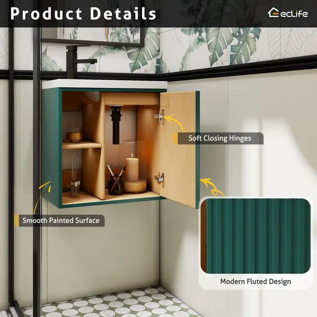 Alt view image 5 of 6 - 20" Floating Bathroom Vanity Sink Combo for Small Space, Wall-Mounted Guest Toilet Wash Basin Cabinet with Opening Shelf, Soft Closing Door, Dark Green Painted