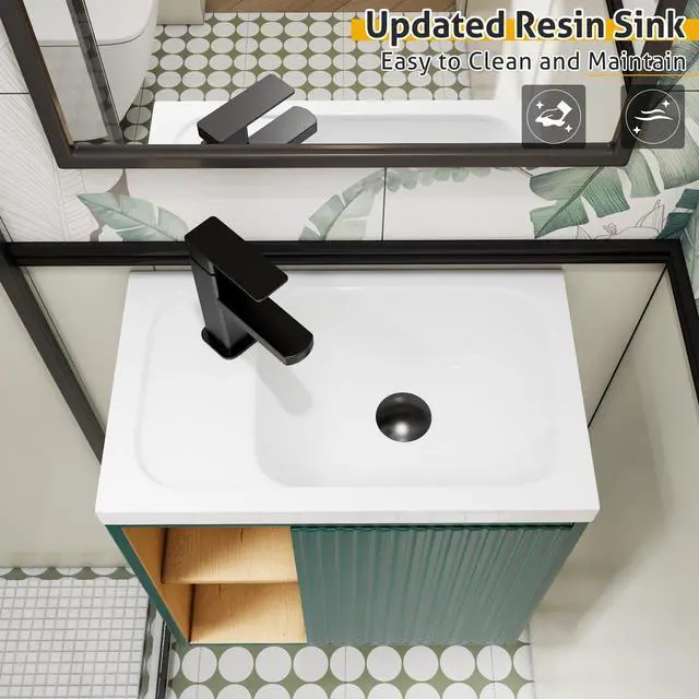 Alt view image 6 of 6 - 20" Floating Bathroom Vanity Sink Combo for Small Space, Wall-Mounted Guest Toilet Wash Basin Cabinet with Opening Shelf, Soft Closing Door, Dark Green Painted