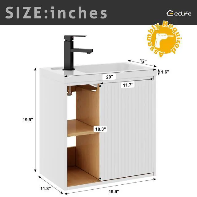 Alt view image 2 of 6 - 20" Floating Bathroom Vanity Sink Combo for Small Space, Wall-Mounted Guest Toilet Wash Basin Cabinet with Opening Shelf, Soft Closing Door, White Painted
