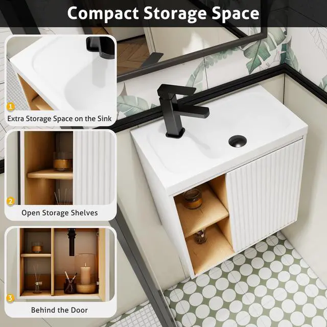Alt view image 4 of 6 - 20" Floating Bathroom Vanity Sink Combo for Small Space, Wall-Mounted Guest Toilet Wash Basin Cabinet with Opening Shelf, Soft Closing Door, White Painted
