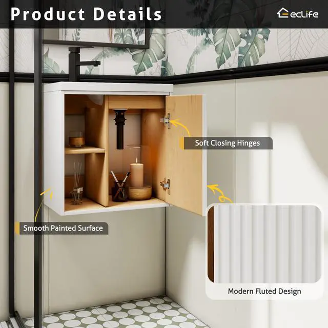 Alt view image 5 of 6 - 20" Floating Bathroom Vanity Sink Combo for Small Space, Wall-Mounted Guest Toilet Wash Basin Cabinet with Opening Shelf, Soft Closing Door, White Painted