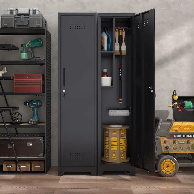 Alt view image 2 of 5 - Garage Storage Cabinet, Metal Broom Closet Storage Cabinet,Utility Closet Cabinet for Garage,Office,Gym,Black