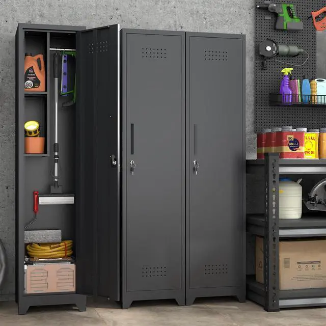Alt view image 4 of 5 - Garage Storage Cabinet, Metal Broom Closet Storage Cabinet,Utility Closet Cabinet for Garage,Office,Gym,Black
