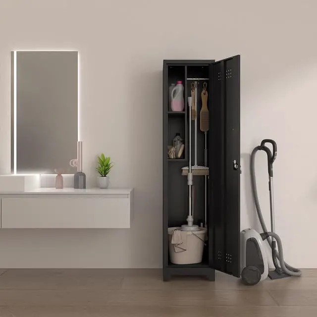 Alt view image 5 of 5 - Garage Storage Cabinet, Metal Broom Closet Storage Cabinet,Utility Closet Cabinet for Garage,Office,Gym,Black