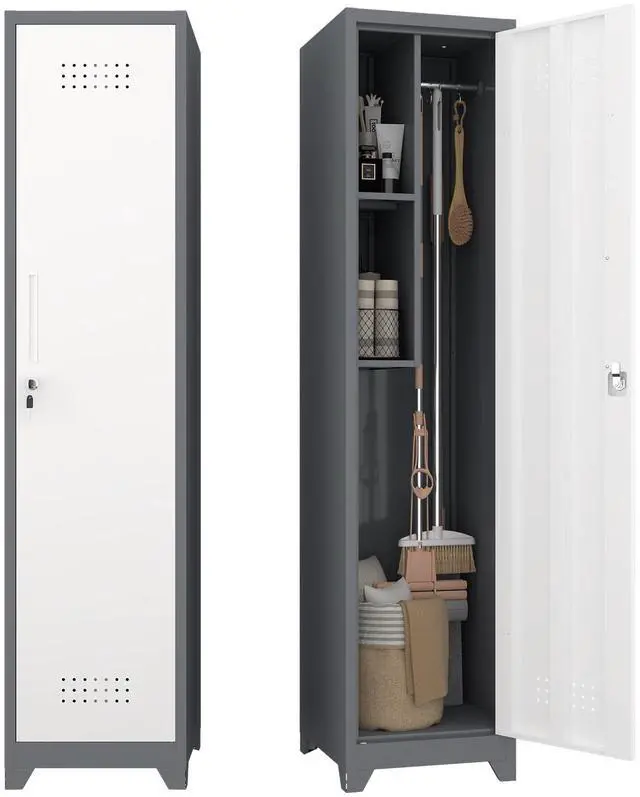 Main image of Metal Garage Storage Cabinet,Broom Closet Storage Cabinet,Utility Closet Cabinet for Garage,Office,Gym,Grey-White
