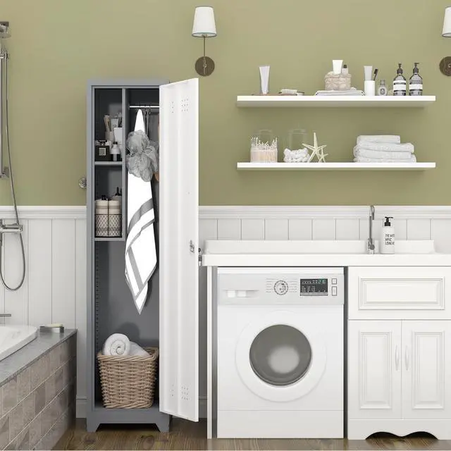 Alt view image 2 of 6 - Metal Garage Storage Cabinet,Broom Closet Storage Cabinet,Utility Closet Cabinet for Garage,Office,Gym,Grey-White