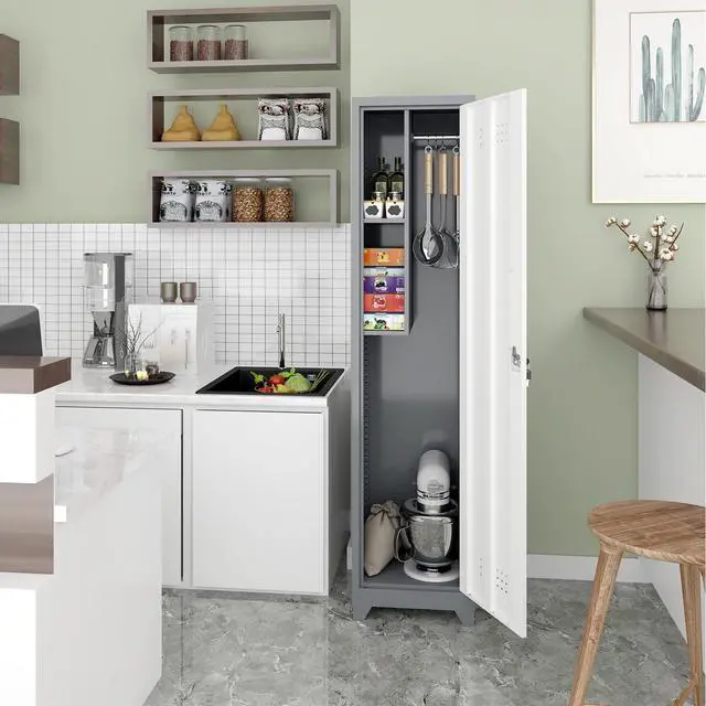 Alt view image 4 of 6 - Metal Garage Storage Cabinet,Broom Closet Storage Cabinet,Utility Closet Cabinet for Garage,Office,Gym,Grey-White