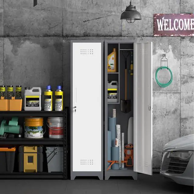 Alt view image 5 of 6 - Metal Garage Storage Cabinet,Broom Closet Storage Cabinet,Utility Closet Cabinet for Garage,Office,Gym,Grey-White