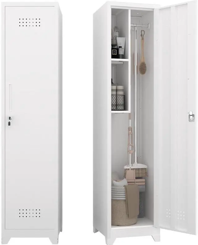 Main image of Broom Closet Storage Cabinet, Metal Garage Storage Cabinet,Utility Closet Cabinet for Broom,Garage,Kichen,White