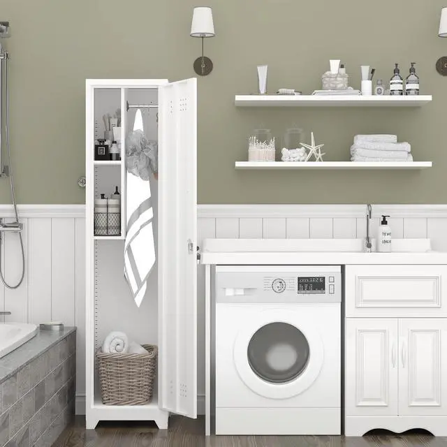 Alt view image 2 of 6 - Broom Closet Storage Cabinet, Metal Garage Storage Cabinet,Utility Closet Cabinet for Broom,Garage,Kichen,White