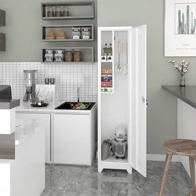 Alt view image 4 of 6 - Broom Closet Storage Cabinet, Metal Garage Storage Cabinet,Utility Closet Cabinet for Broom,Garage,Kichen,White