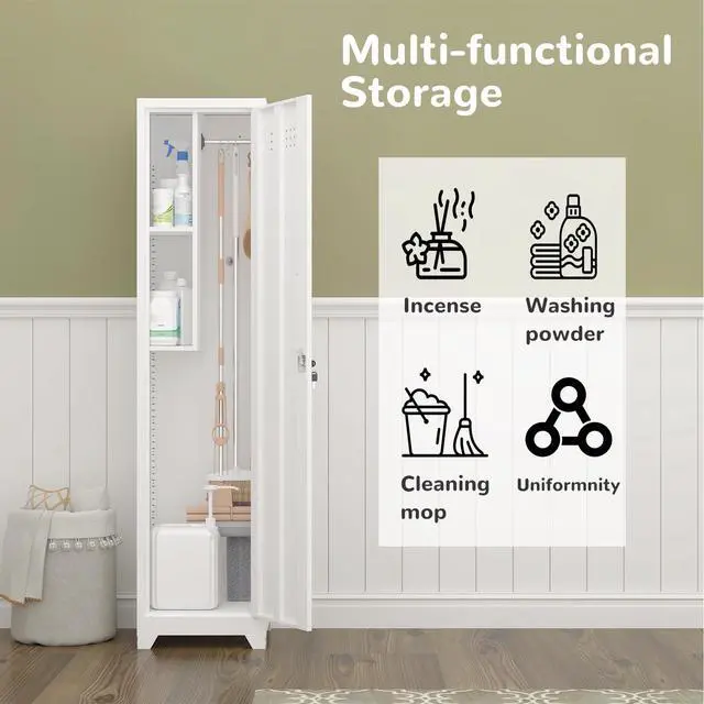Alt view image 5 of 6 - Broom Closet Storage Cabinet, Metal Garage Storage Cabinet,Utility Closet Cabinet for Broom,Garage,Kichen,White