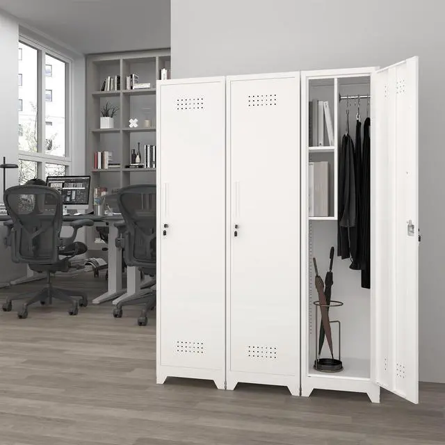 Alt view image 6 of 6 - Broom Closet Storage Cabinet, Metal Garage Storage Cabinet,Utility Closet Cabinet for Broom,Garage,Kichen,White