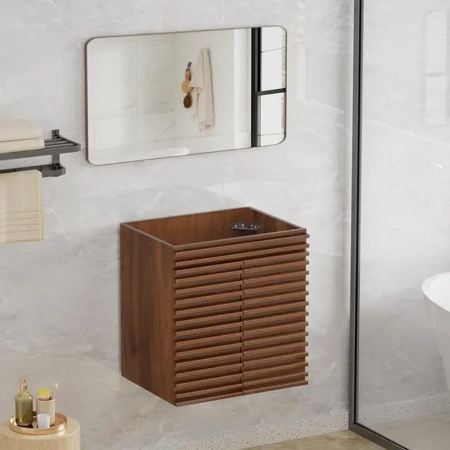 Alt view image 2 of 6 - 24" Bathroom Vanity, Mid-Century Wall Mounted Floating Cabinet with 2 Closing Doors, Wood Grain Texture, Walnut (Sink Basin Not Included)