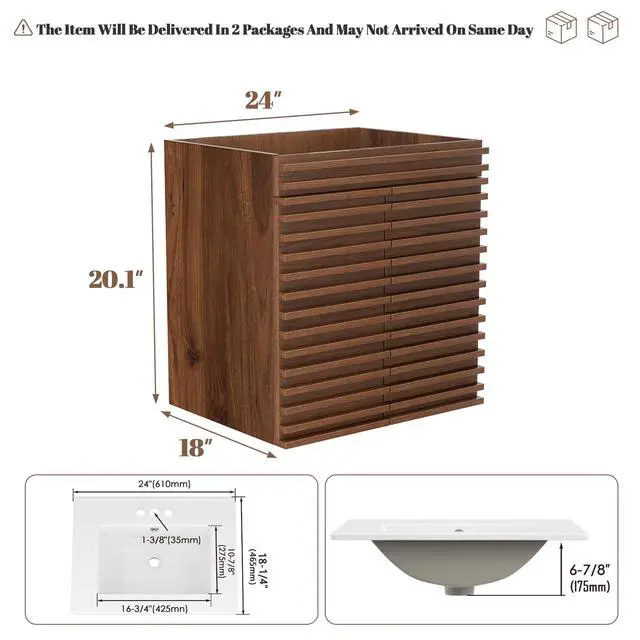Alt view image 3 of 6 - 24" Bathroom Vanity, Mid-Century Wall Mounted Floating Cabinet with 2 Closing Doors, Wood Grain Texture, Walnut (Sink Basin Not Included)
