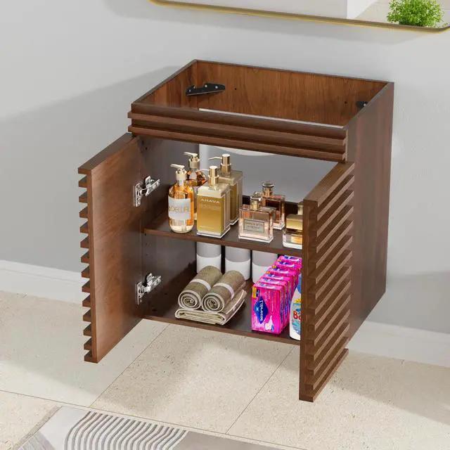 Alt view image 4 of 6 - 24" Bathroom Vanity, Mid-Century Wall Mounted Floating Cabinet with 2 Closing Doors, Wood Grain Texture, Walnut (Sink Basin Not Included)