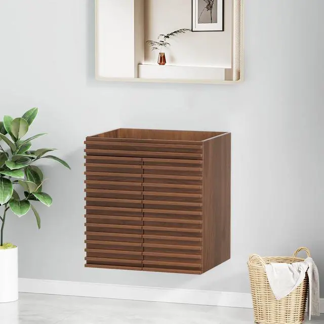 Alt view image 5 of 6 - 24" Bathroom Vanity, Mid-Century Wall Mounted Floating Cabinet with 2 Closing Doors, Wood Grain Texture, Walnut (Sink Basin Not Included)