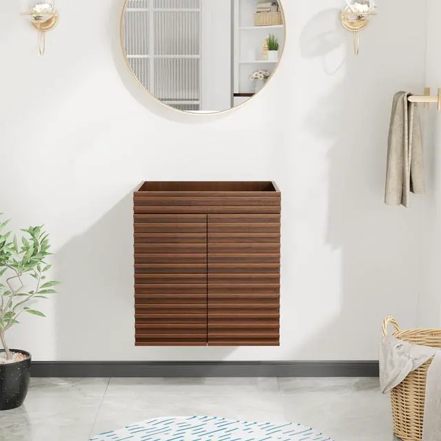 Alt view image 6 of 6 - 24" Bathroom Vanity, Mid-Century Wall Mounted Floating Cabinet with 2 Closing Doors, Wood Grain Texture, Walnut (Sink Basin Not Included)