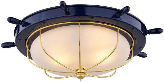 Main image of Orleans Nautical 15-in Outdoor Flush Mount Ceiling Light, Navy Blue and Matte Gold Finish, Nautical Style, Ship Wheel, White Frosted Glass, Dimmable E26 Bulb Compatible, Damp Rated
