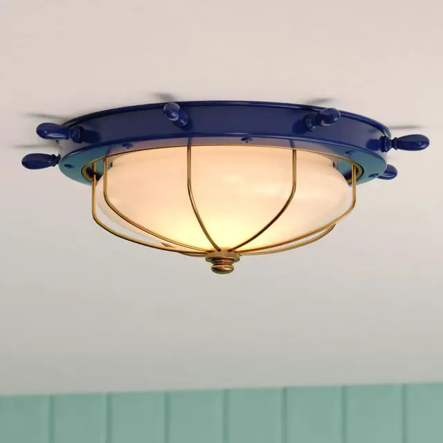 Alt view image 2 of 6 - Orleans Nautical 15-in Outdoor Flush Mount Ceiling Light, Navy Blue and Matte Gold Finish, Nautical Style, Ship Wheel, White Frosted Glass, Dimmable E26 Bulb Compatible, Damp Rated