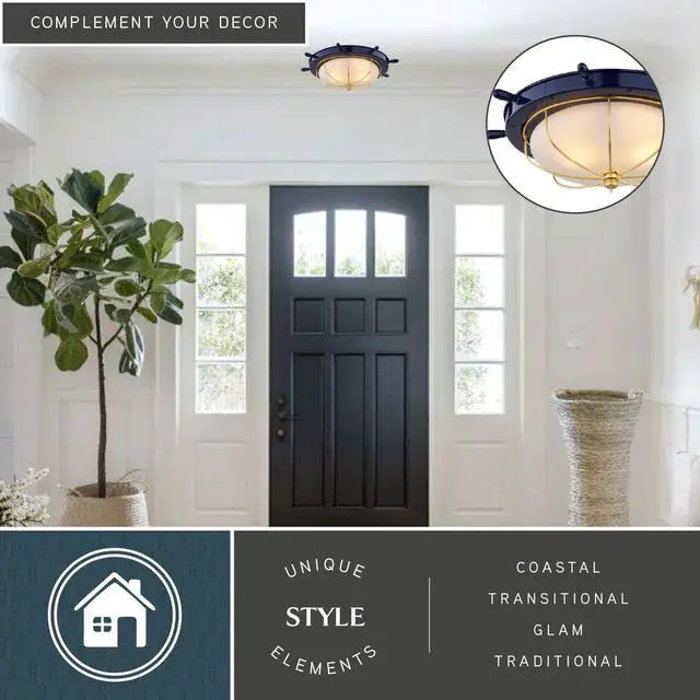 Alt view image 3 of 6 - Orleans Nautical 15-in Outdoor Flush Mount Ceiling Light, Navy Blue and Matte Gold Finish, Nautical Style, Ship Wheel, White Frosted Glass, Dimmable E26 Bulb Compatible, Damp Rated