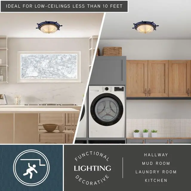 Alt view image 4 of 6 - Orleans Nautical 15-in Outdoor Flush Mount Ceiling Light, Navy Blue and Matte Gold Finish, Nautical Style, Ship Wheel, White Frosted Glass, Dimmable E26 Bulb Compatible, Damp Rated