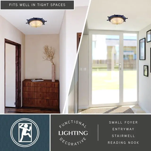 Alt view image 5 of 6 - Orleans Nautical 15-in Outdoor Flush Mount Ceiling Light, Navy Blue and Matte Gold Finish, Nautical Style, Ship Wheel, White Frosted Glass, Dimmable E26 Bulb Compatible, Damp Rated
