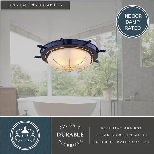Alt view image 6 of 6 - Orleans Nautical 15-in Outdoor Flush Mount Ceiling Light, Navy Blue and Matte Gold Finish, Nautical Style, Ship Wheel, White Frosted Glass, Dimmable E26 Bulb Compatible, Damp Rated