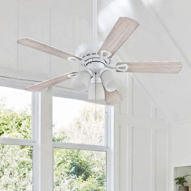 Alt view image 2 of 6 - 51443 Ceiling 44" Miller Park White Indoor Fan Frosted 3 Light LED Multi Arm E26/A15 Bulb and Pull-Chains, Traditional Style, 5 Reversible Gray Oak/Walnut Blades, 514, Brushed Nickel
