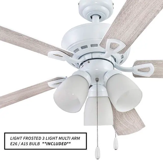 Alt view image 5 of 6 - 51443 Ceiling 44" Miller Park White Indoor Fan Frosted 3 Light LED Multi Arm E26/A15 Bulb and Pull-Chains, Traditional Style, 5 Reversible Gray Oak/Walnut Blades, 514, Brushed Nickel