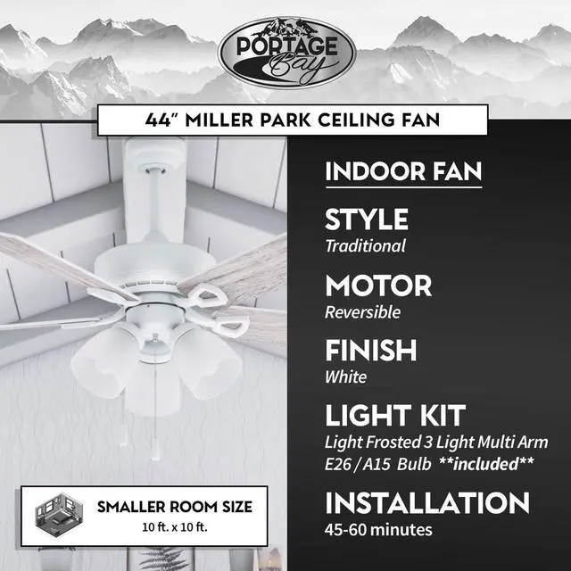 Alt view image 6 of 6 - 51443 Ceiling 44" Miller Park White Indoor Fan Frosted 3 Light LED Multi Arm E26/A15 Bulb and Pull-Chains, Traditional Style, 5 Reversible Gray Oak/Walnut Blades, 514, Brushed Nickel